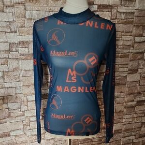 Magnlens Brand New  Dark  Blue Sheer Top Longsleeves Coral Blue